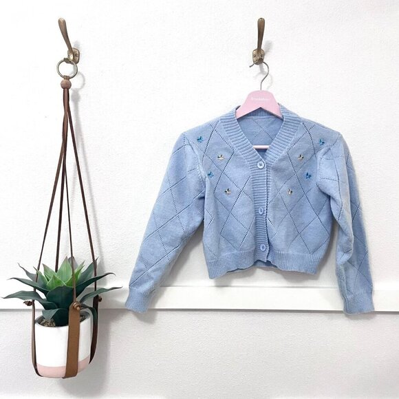 Vintage Kids Cropped Blue Cardigan with Embroidered Flowers Size 10-12 - Picture 1 of 6